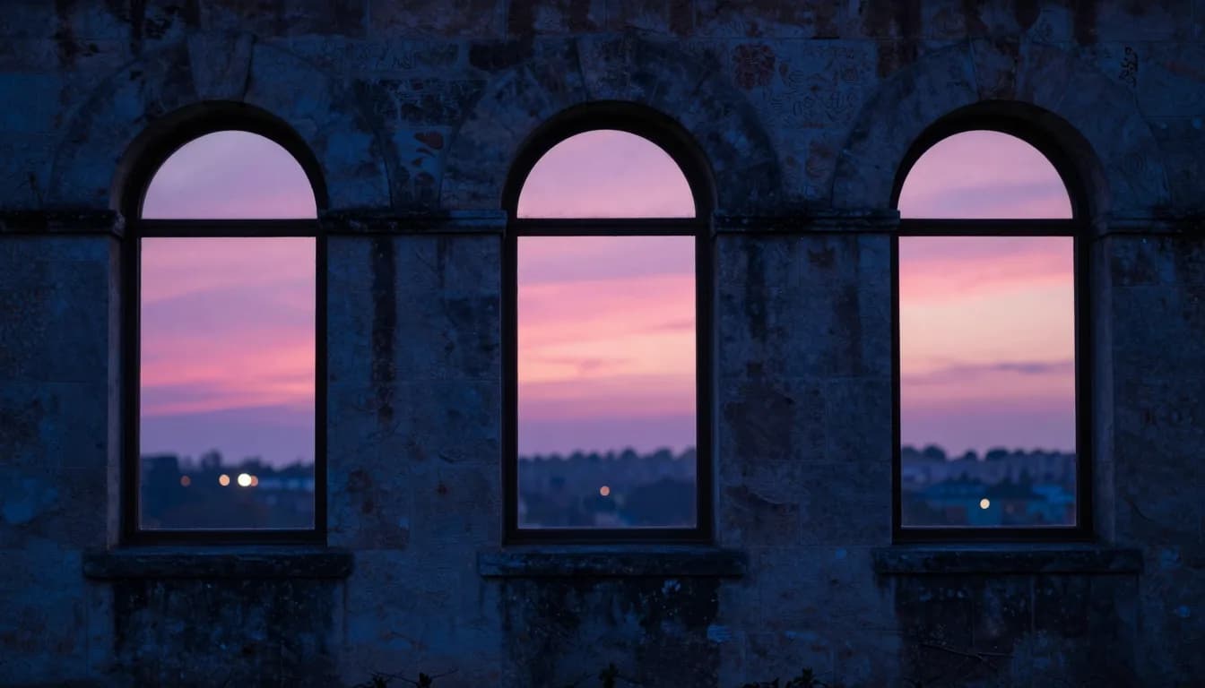The back wall of the cloister at sunset showing the three arched windows in a row, each window framing a different segment of the sunset sky.