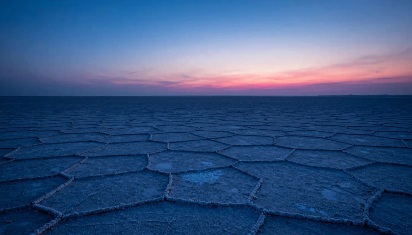 Ultra-wide distant vantage looking across a vast plain to two faint vertical accents on the horizon, deep electric-blue atmosphere holding the scene.