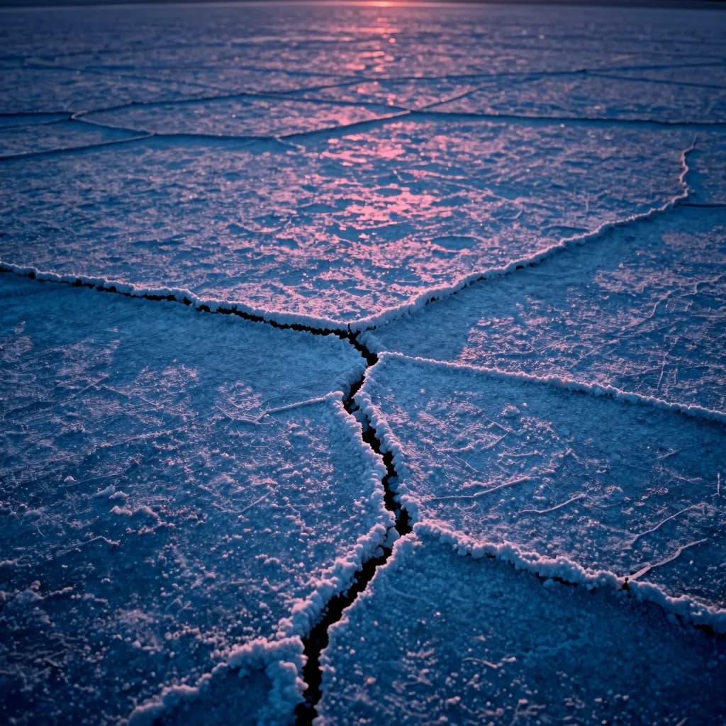 A single broken glass fragment lit asymmetrically with warm pink and cold blue, isolated against deep negative space.