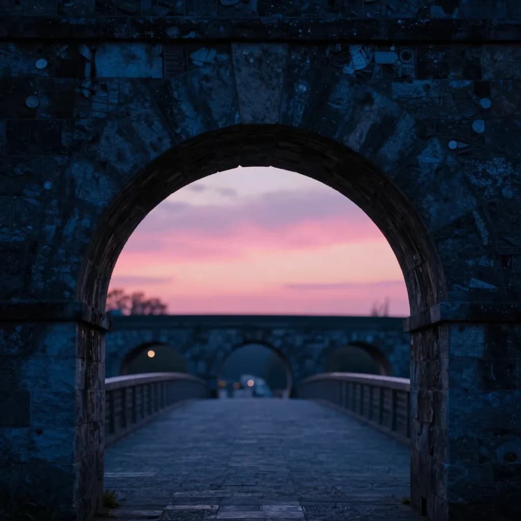 Single arch from the stone bridge at sunset, the arch dominant in the lower two-thirds of the frame, dramatic backlit composition.