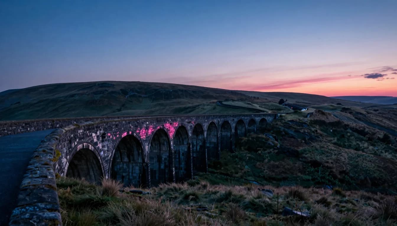 One end of the stone arch bridge at sunset where the bridge meets the rolling hill, the leftmost arch visible.