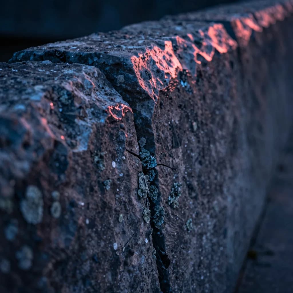 Extreme macro of weathered ancient stone surface from the bridge at sunset, hairline cracks, lichen colonies, erosion patterns.
