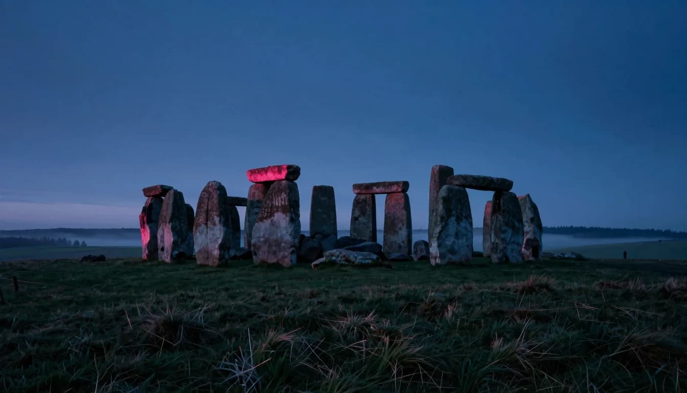 The complete stone circle viewed from a distant hillside vantage, the full formation visible against the dusk horizon with mist filling the surrounding valley.