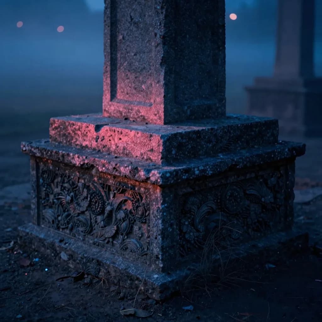 A close-up of where the base of a dark stone pillar meets the misty ground, fog curling around the foundation in low light.