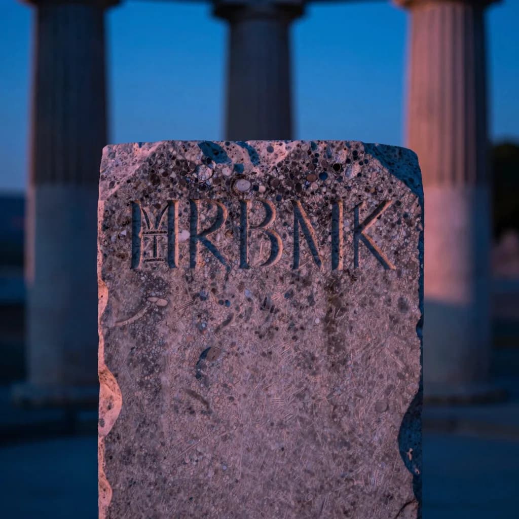 A close-up macro shot of a single dark stone pillar's surface, weathered by centuries with fine erosion patterns and granular texture across its face.