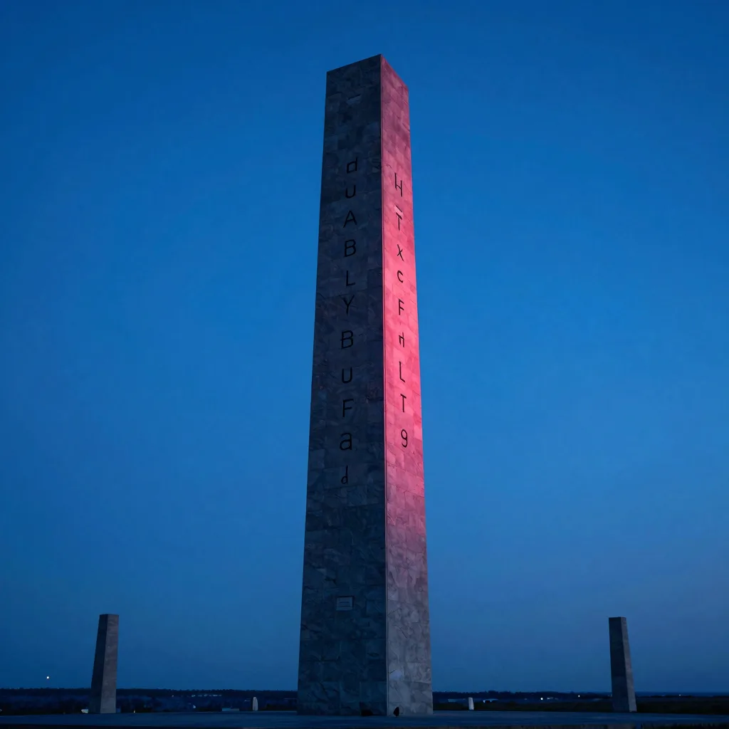 A single tall dark rectangular pillar rises vertically from the misty ground, its full height emphasized against the dusk sky.