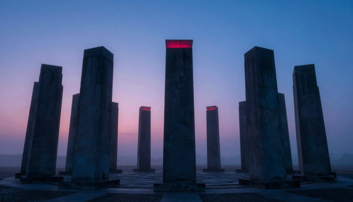 A complete circle of dark rectangular stone pillars stands evenly spaced across a misty dusk landscape, the formation drawing the eye toward the center.