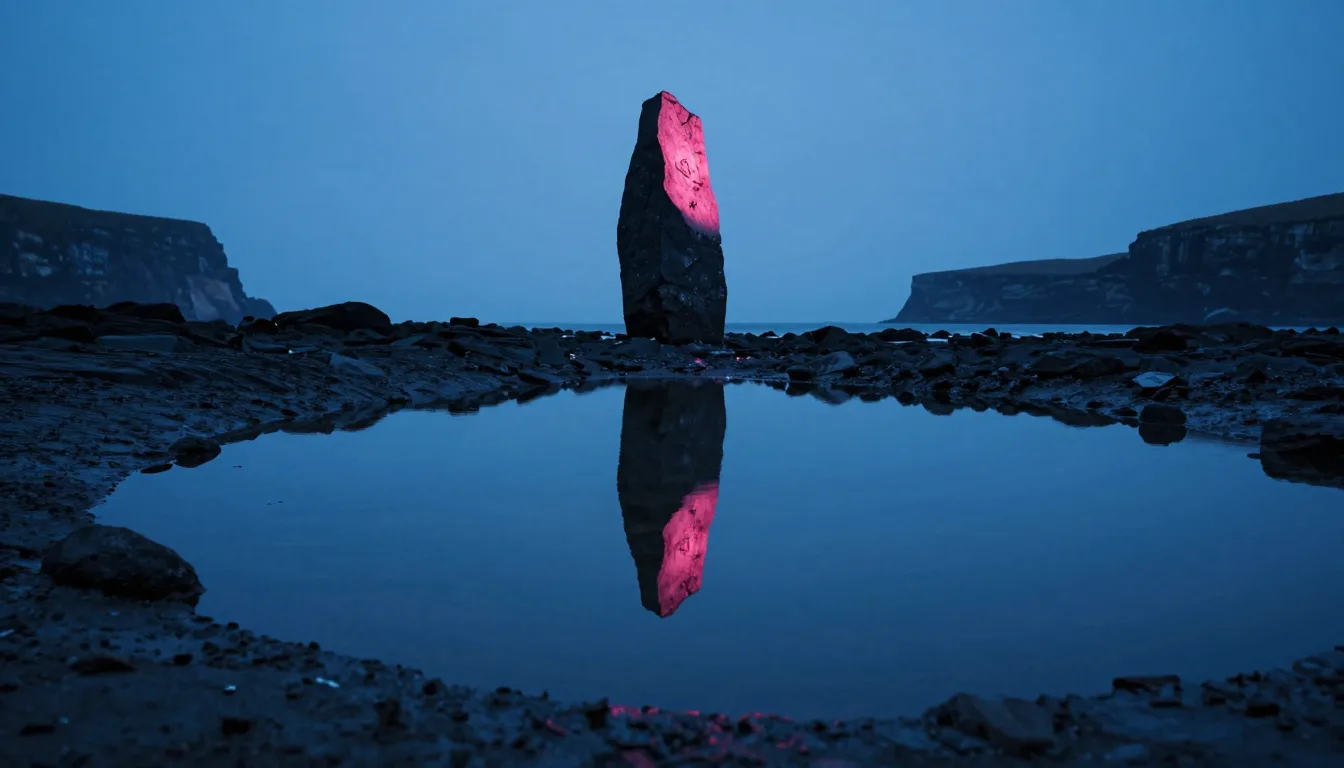 Still tidepool at twilight reflecting a tall black monolithic slab on the far rocky shore, the monolith and its reflection forming a vertical-symmetry composition, pink alpenglow mirrored in the still pool.