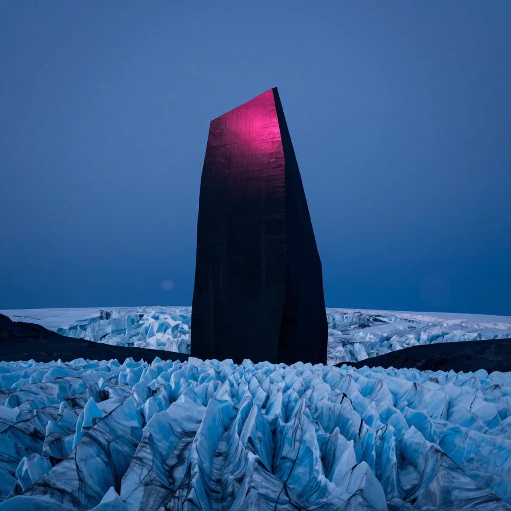 Single tall black monolithic slab standing on a glacier ridge at twilight, pink alpenglow on the upper third of the monolith's west face, crisp blue-white ice striation on the glacier surface below.