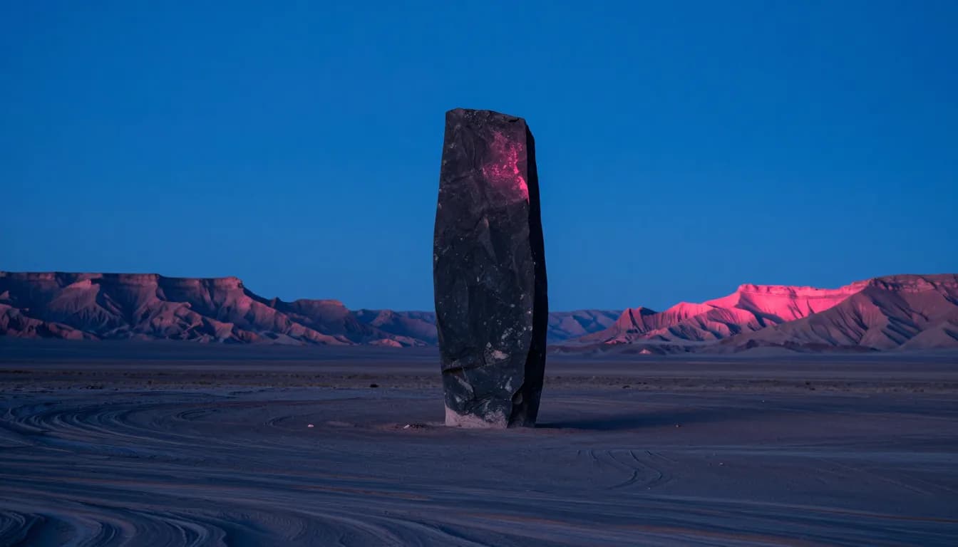 Tall black monolithic slab standing on a vast windswept high-desert plateau at twilight, placed off-center, pink alpenglow on the upper west face, distant mesas dissolving into bokeh.