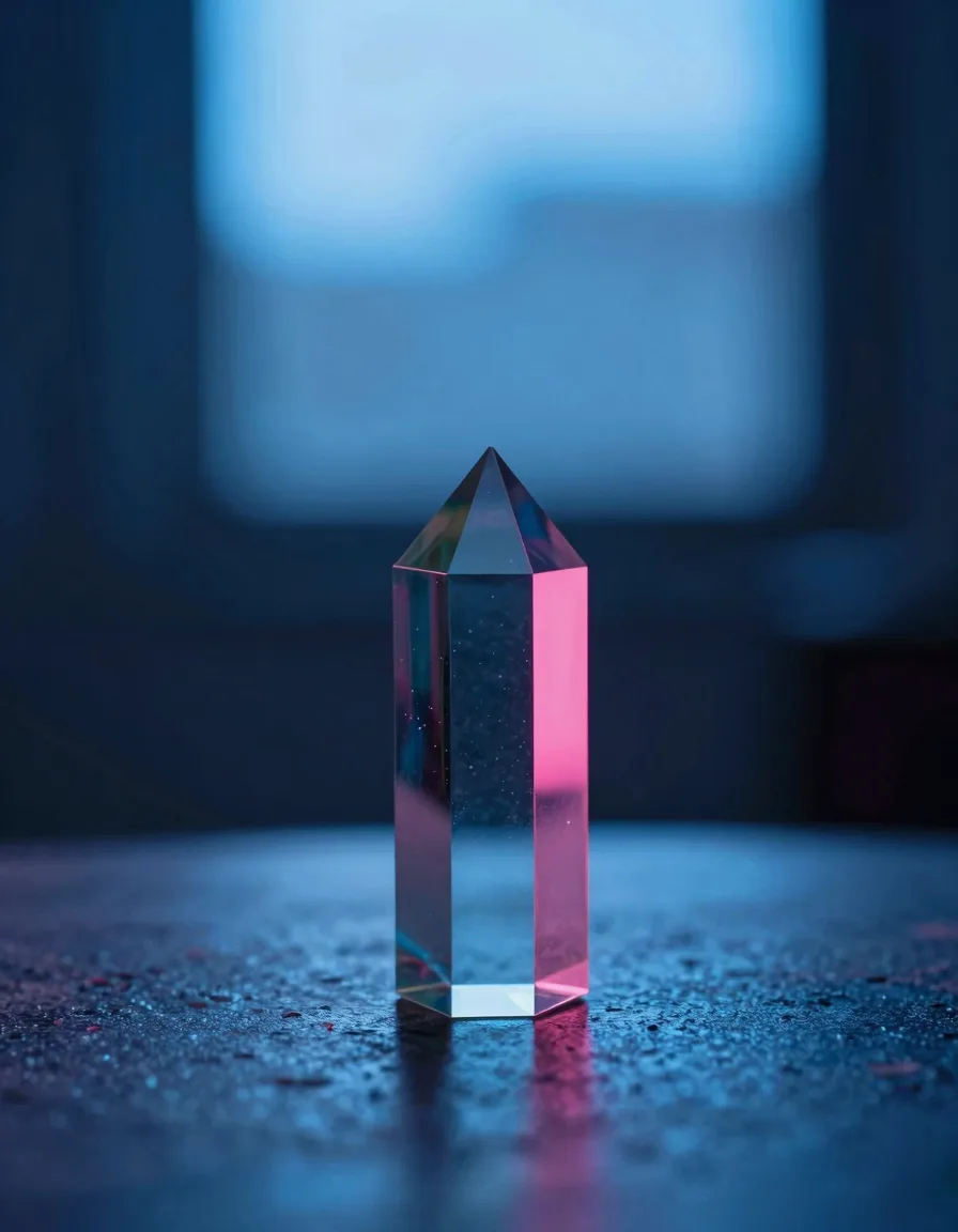 portrait orientation of iridescent glass form on dark polished stone with electric-blue and hot-pink refraction - companion image for the Claude sub-agents when-to-use guide