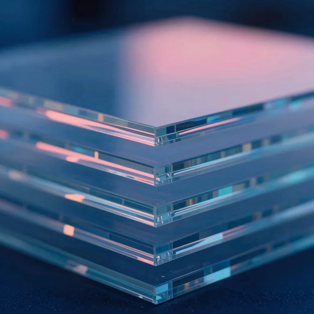Tight macro of a single ice shard with sharp fractures, refractive surfaces catching pink and blue light.