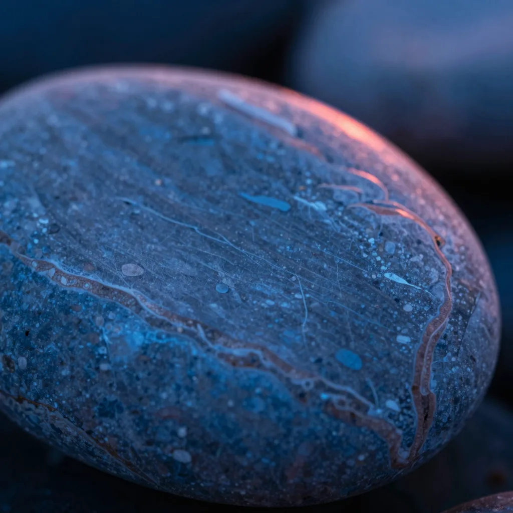 Close-up macro of a translucent glass surface with a single hot pink rim catching the bevel against a deep blue field.