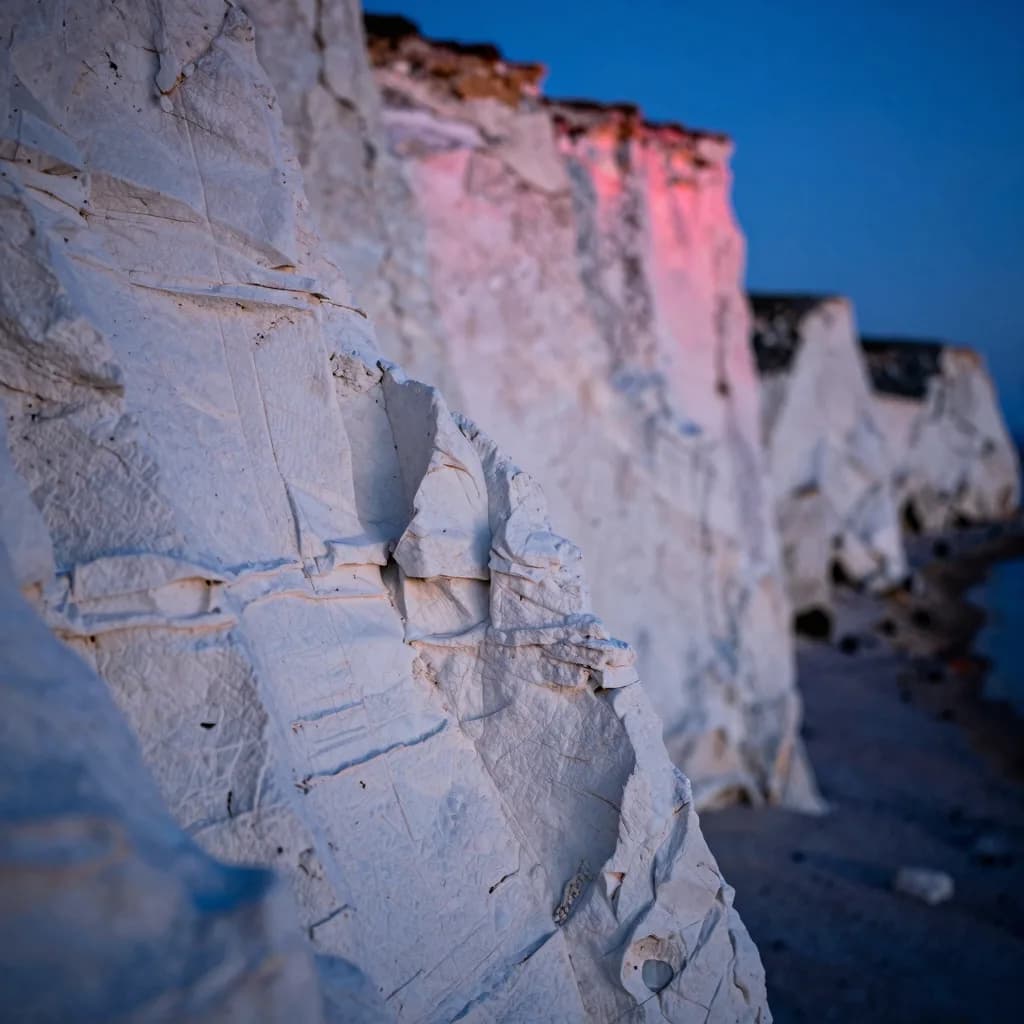 Close-up macro of the white chalk cliff face surface texture showing fine layers and grain