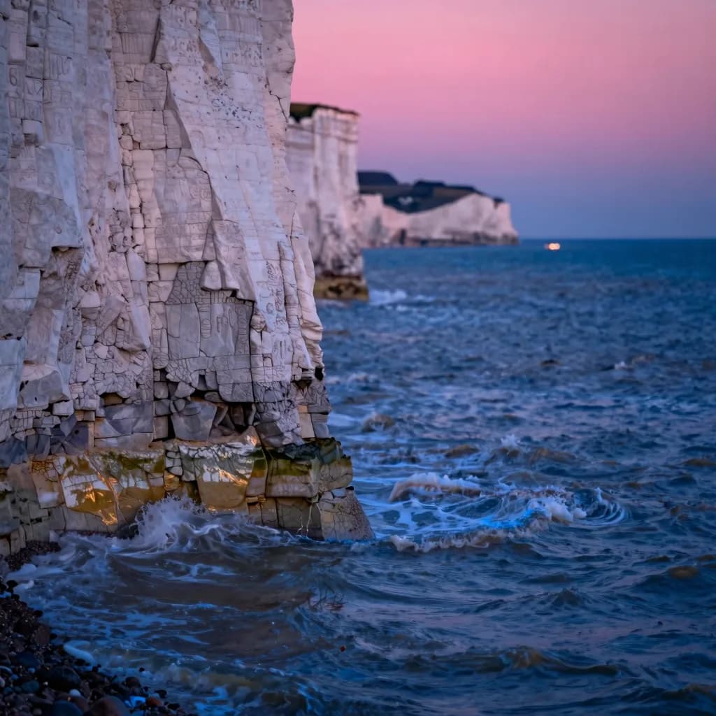 Close-up of where the white chalk cliff meets the ocean water at its base