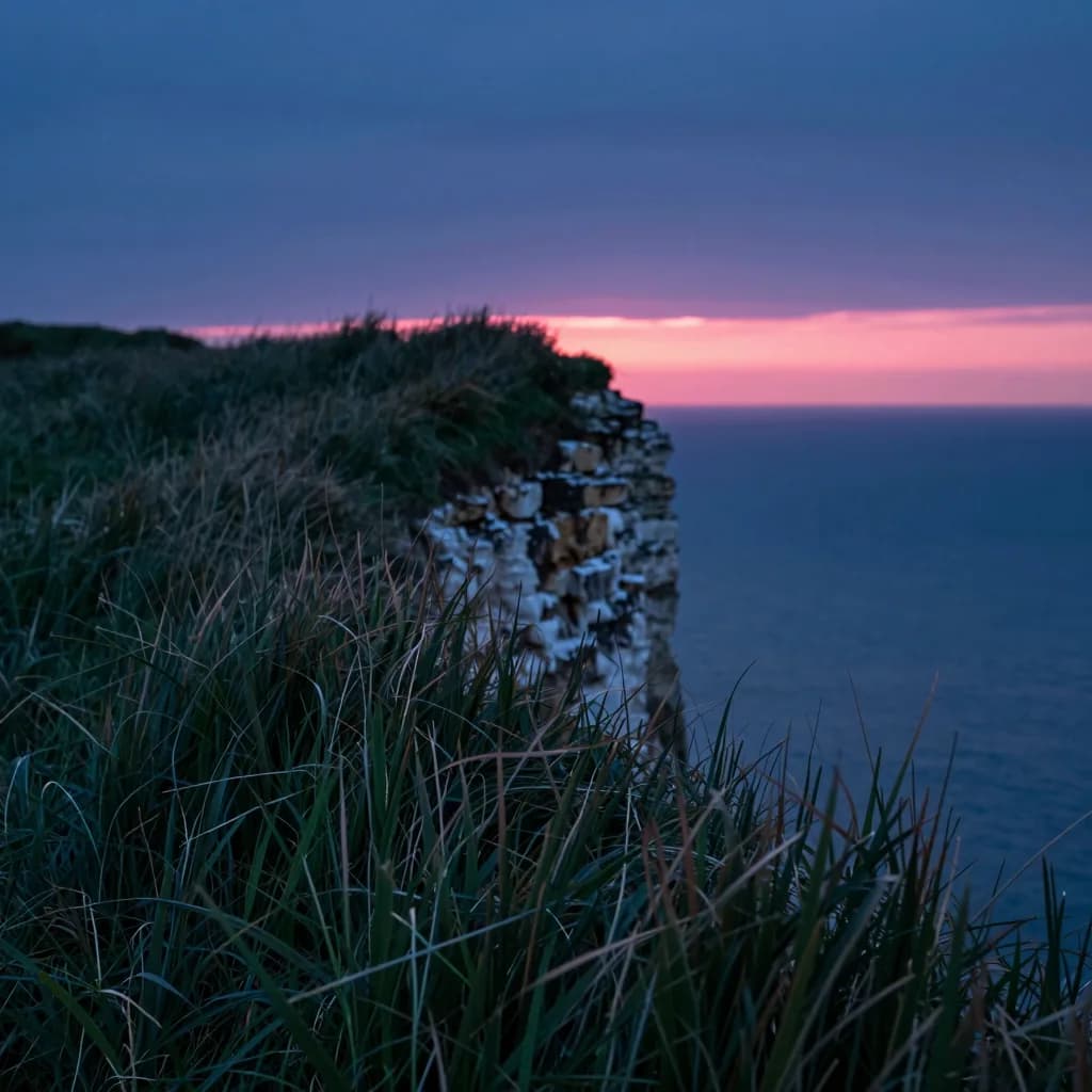 Grass-covered chalk cliff edge meeting an open sky