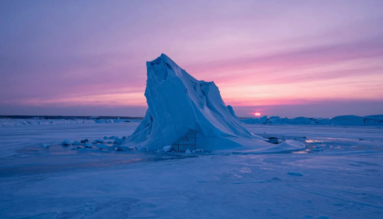 Ultra-wide distant view of a solitary translucent monolith on a dim plain at dusk, vanishing horizon, electric-blue atmospheric haze, single hot-pink rim on the far edge.