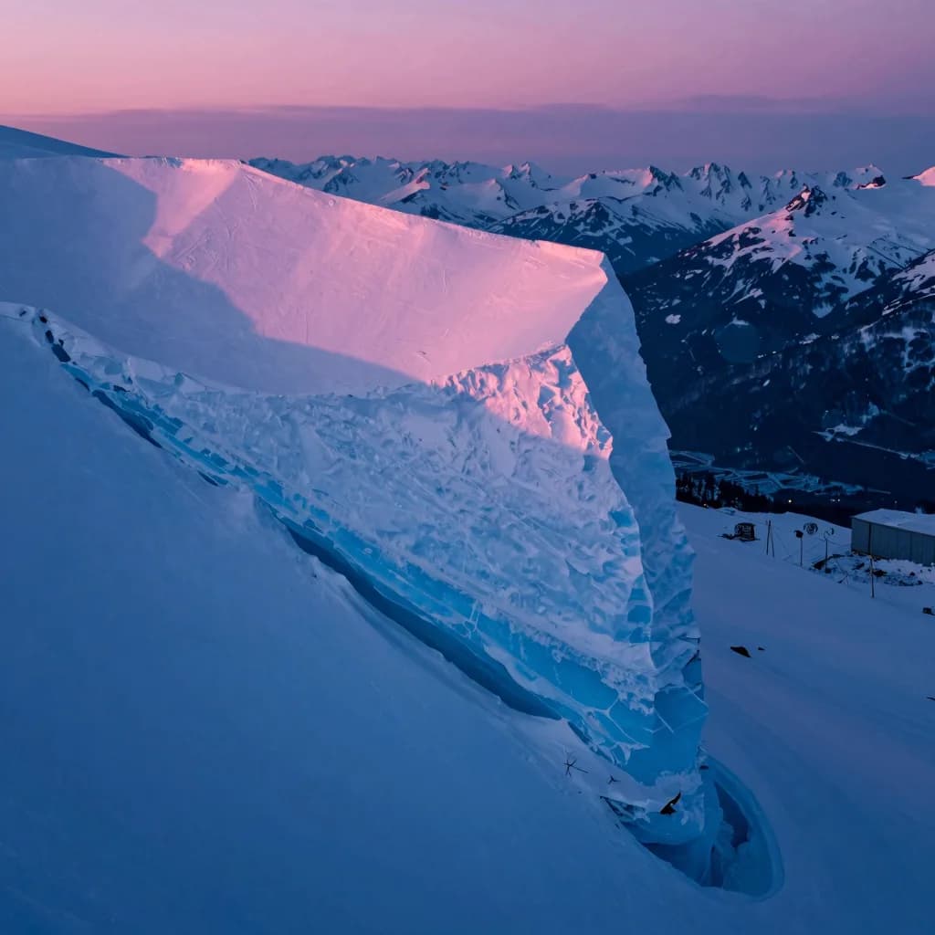 Single translucent glass shard isolated on a dark studio backdrop, sharp jagged edge under cold electric-blue rim, faint hot-pink dispersion bleeding across the broken face.