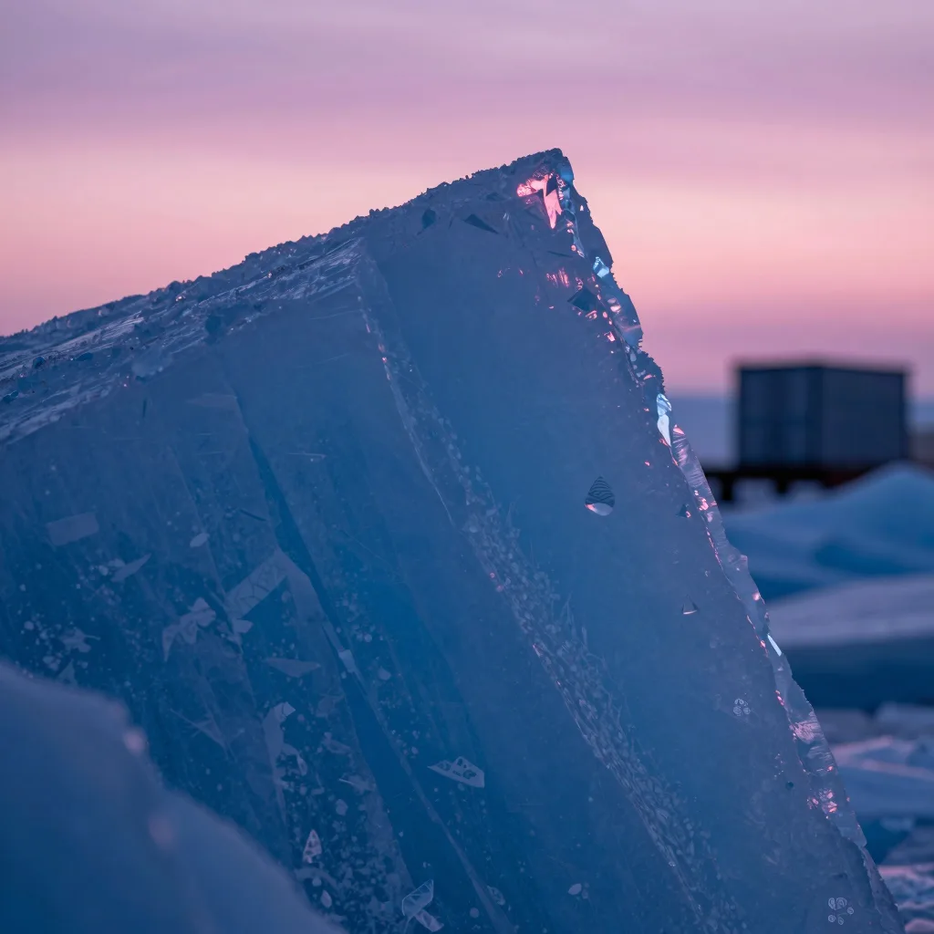 Macro close-up of crystalline dispersion on a single glass slab, refractive bands of cold blue splitting into hot-pink across the chipped corner, fine surface detail.