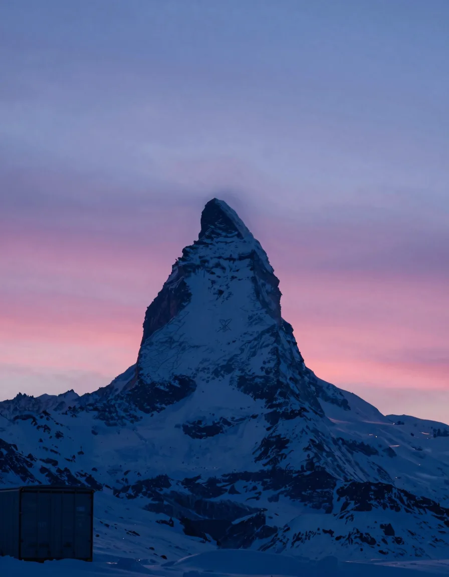 Ultra-wide backlit silhouette of a single tall translucent slab against a deep electric-blue evening sky, hot-pink magic-hour band along the low horizon.