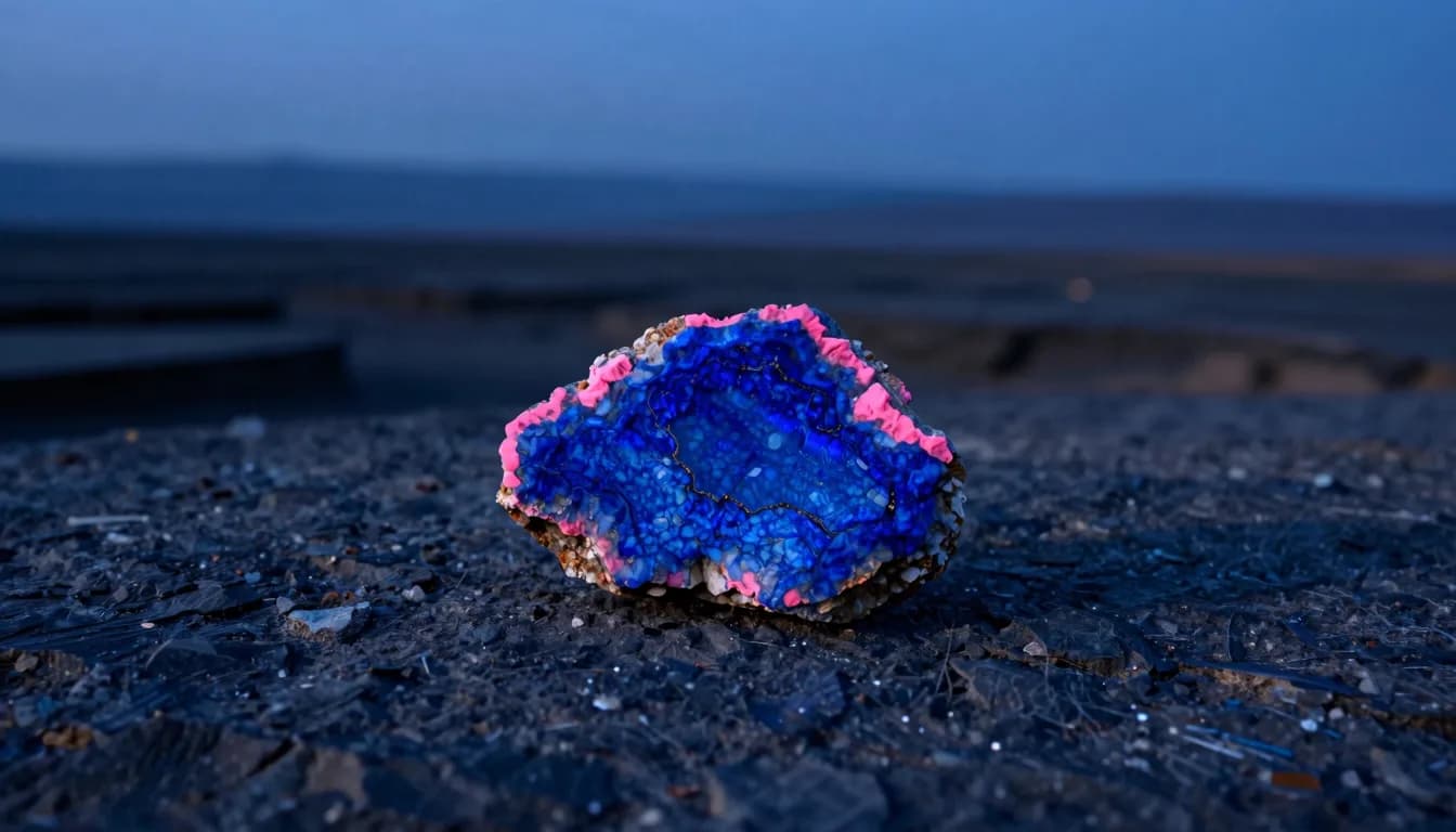 cinematic trail-aspect of mineral stone form against electric-blue sky with hot-pink rim light - companion image for the accessible color palette without beige essay