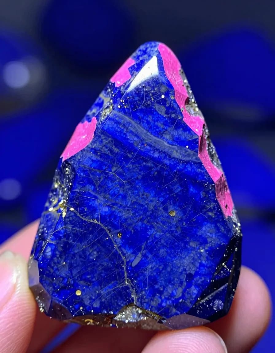 portrait orientation of mineral stone form against electric-blue sky with hot-pink rim light - companion image for the accessible color palette without beige essay