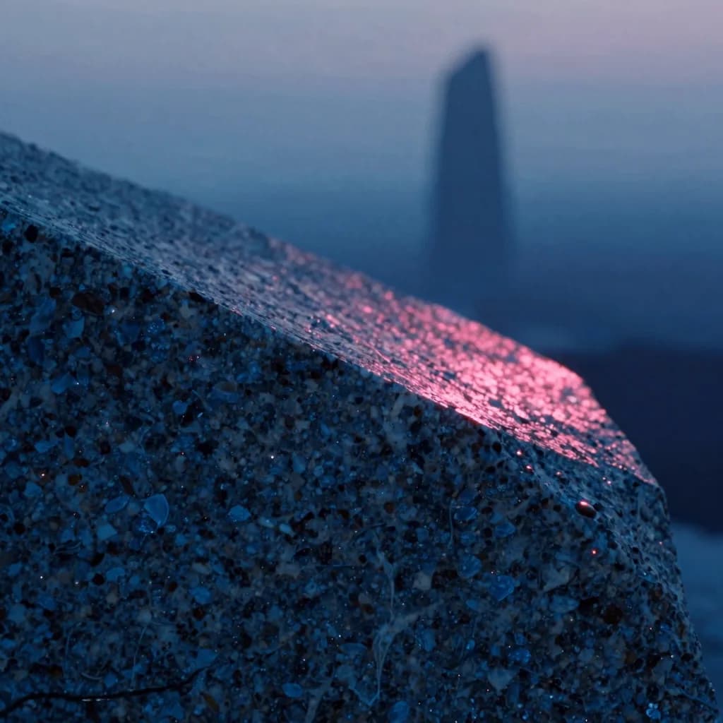 A tight macro close-up of the granite face, coarse crystalline grain, quartz veining, a film of dawn moisture.