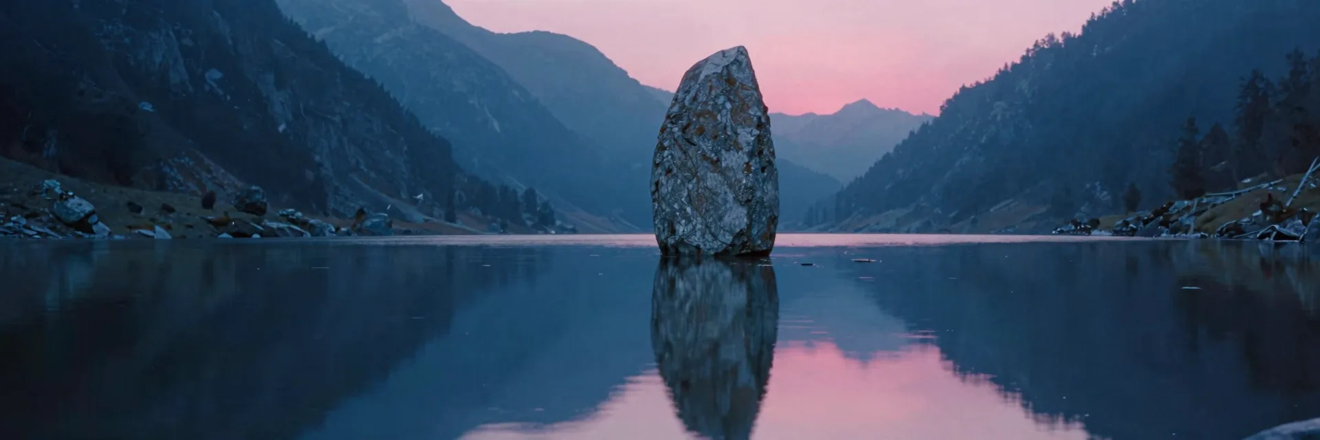 A single monumental granite monolith standing alone mirrored on the glass-still alpine tarn directly below.