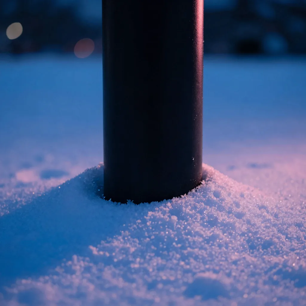 Close-up of the base of a single black vertical post at dusk where the post emerges from the snow, ice crystals collecting at the post base.