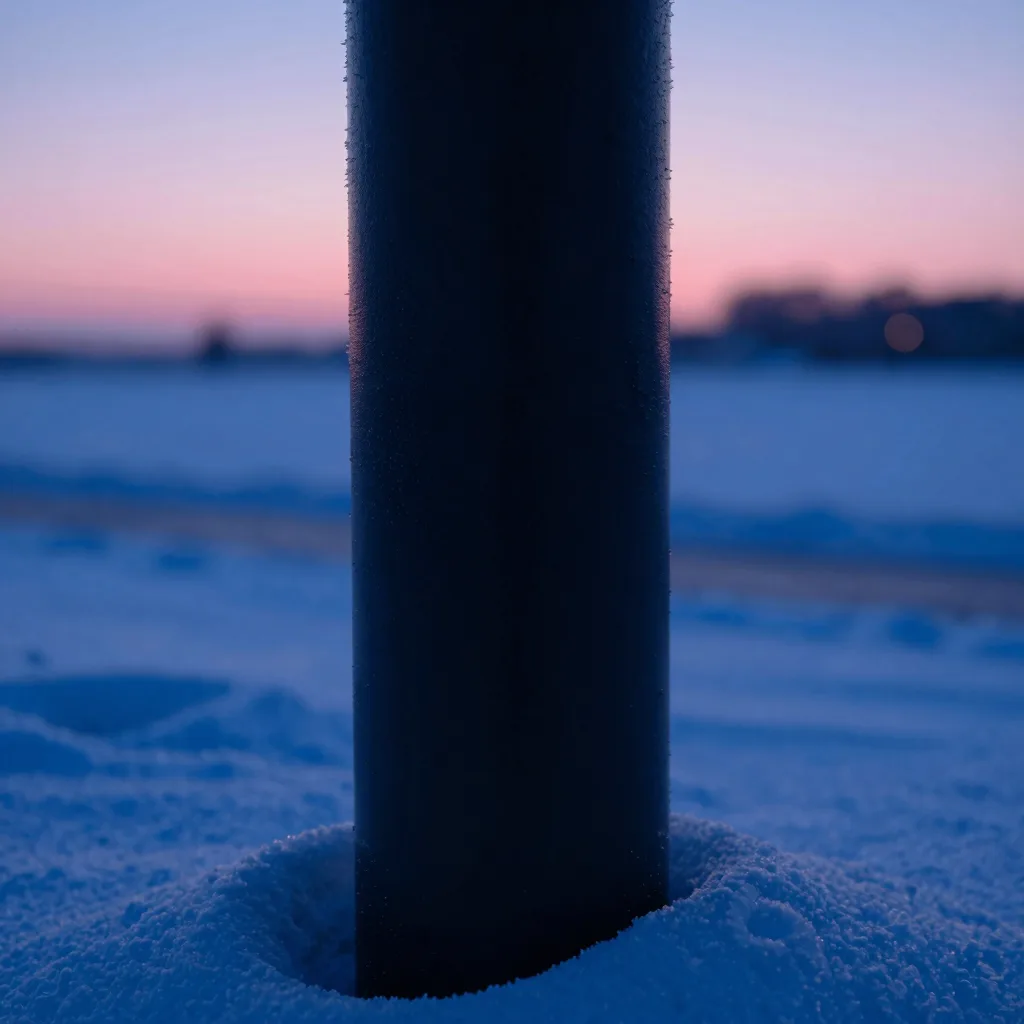 Close-up of a single matte black vertical post in the snowy landscape at dusk, post surface texture visible with ice crystals frozen against it.