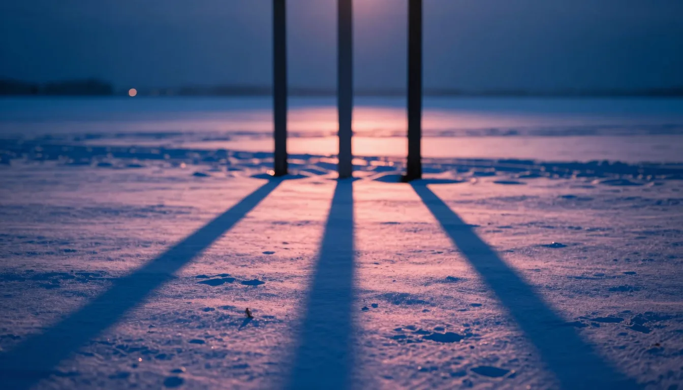 The three vertical posts at low golden-hour sun casting three long parallel shadows across the snow toward the foreground, shadow lines as leading composition.