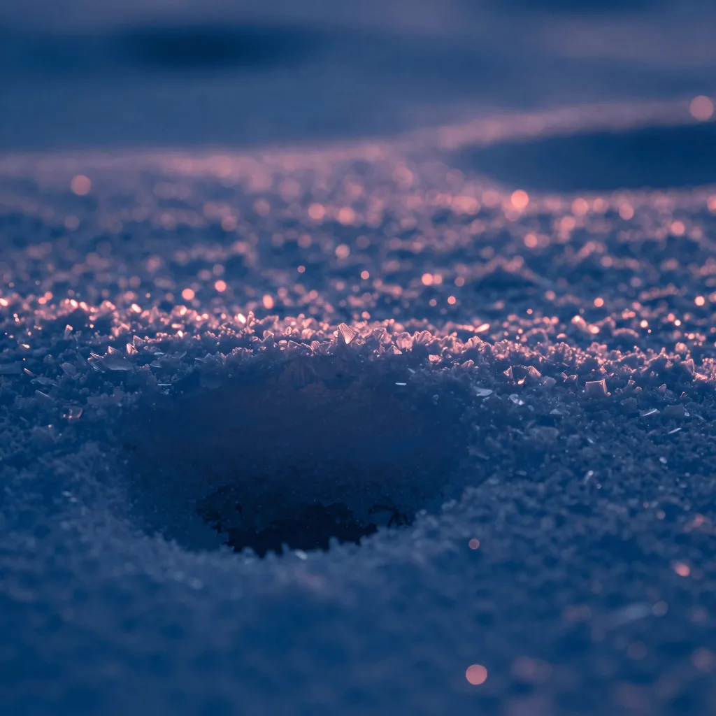 Extreme macro of snow surface with small ice crystals catching the dusk light, abstract winter texture, no posts in frame.