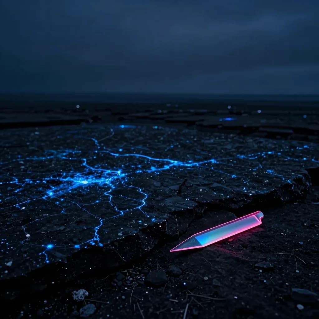 atmospheric wide of iridescent glass form on dark polished stone with electric-blue and hot-pink refraction - companion image for the content velocity with AI agents essay