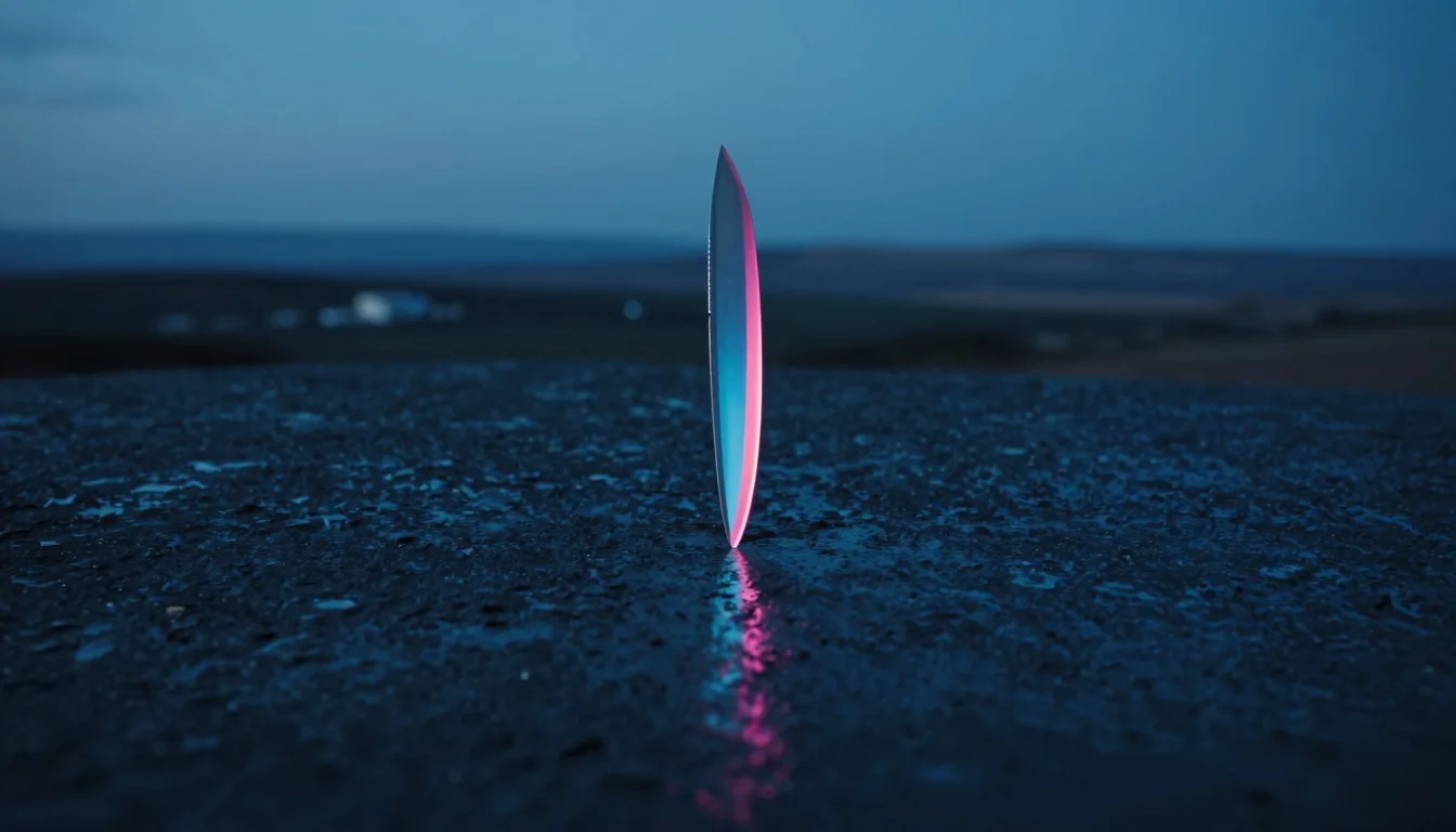 cinematic trail-aspect of iridescent glass form on dark polished stone with electric-blue and hot-pink refraction - companion image for the content velocity with AI agents essay