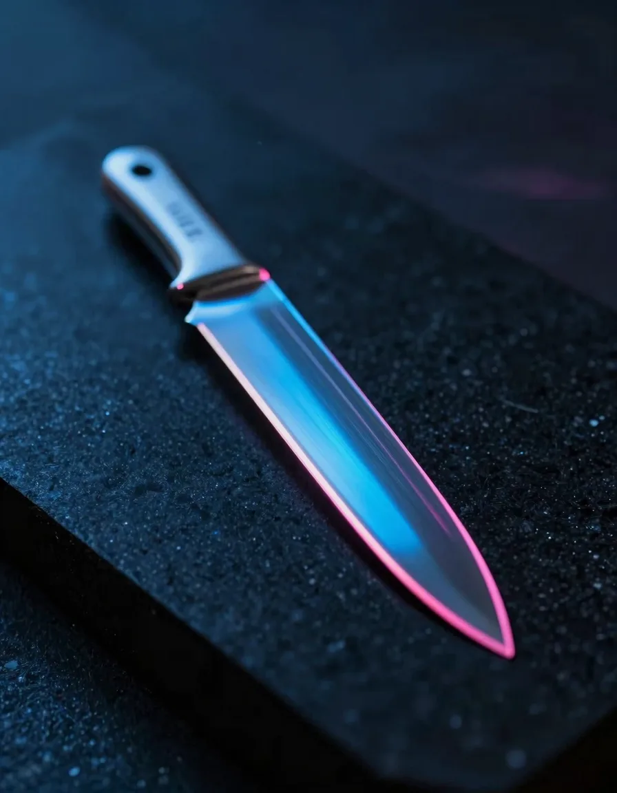 portrait orientation of iridescent glass form on dark polished stone with electric-blue and hot-pink refraction - companion image for the content velocity with AI agents essay