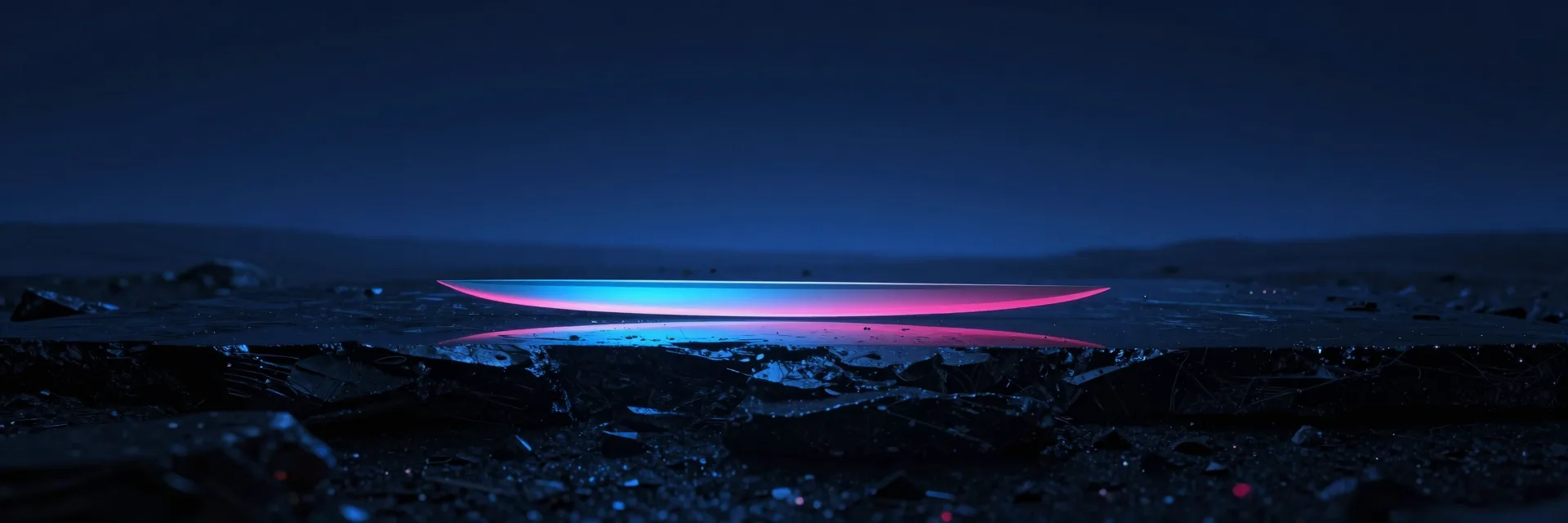 ultra-wide strip of iridescent glass form on dark polished stone with electric-blue and hot-pink refraction - hero image for the content velocity with AI agents essay