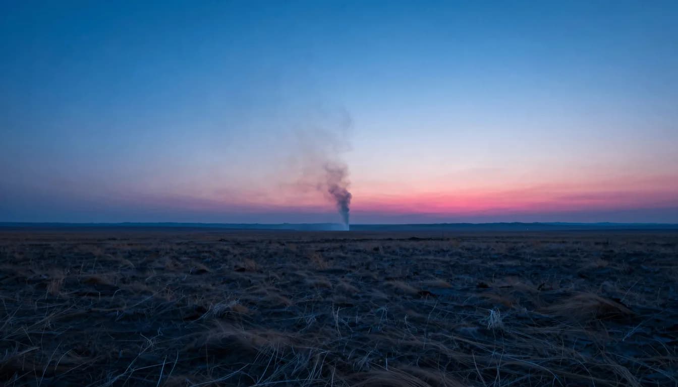 Ultra-wide distant vantage of three small architectural silhouettes staggered across a vast plain under deep electric-blue atmosphere.