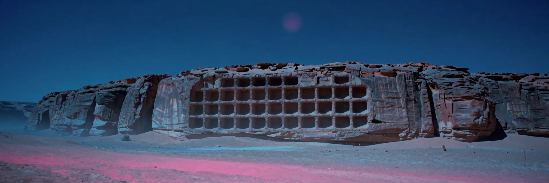 A sheer desert canyon wall stretching wide, a single immense carved sandstone structure with a strict repeating grid of modular openings reduced to a faint far form at the edge of frame.
