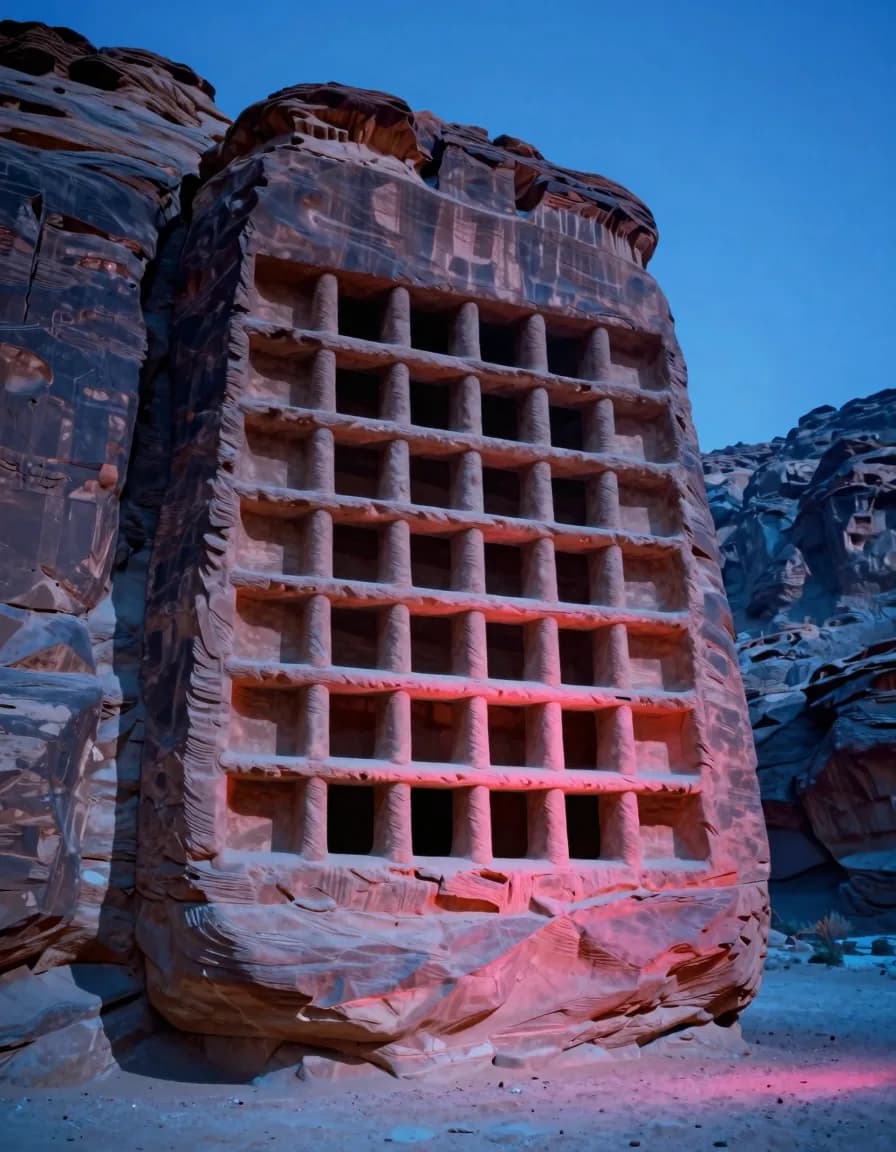 A single immense carved sandstone structure with a strict repeating grid of modular openings filling a tall vertical frame in a sheer desert canyon wall.