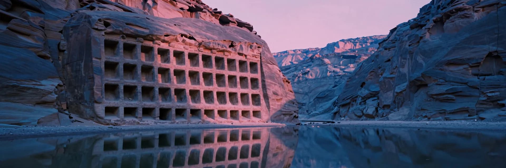 A single immense carved sandstone structure with a strict repeating grid of modular openings mirrored on a thin sheet of flash-flood water pooled at the base of the canyon wall.