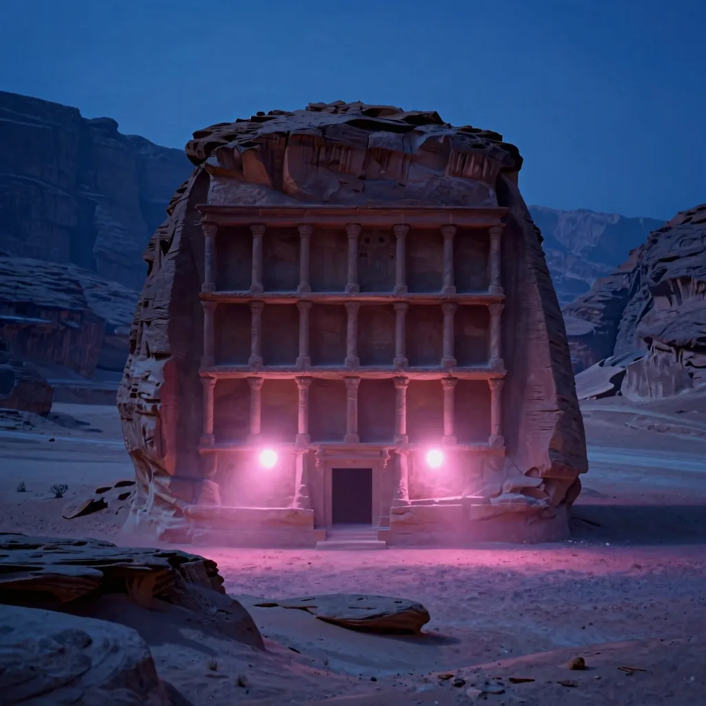 A single immense carved sandstone structure with a strict repeating grid of modular openings as a near-silhouette backlit by the twin light sources in a sheer desert canyon wall.