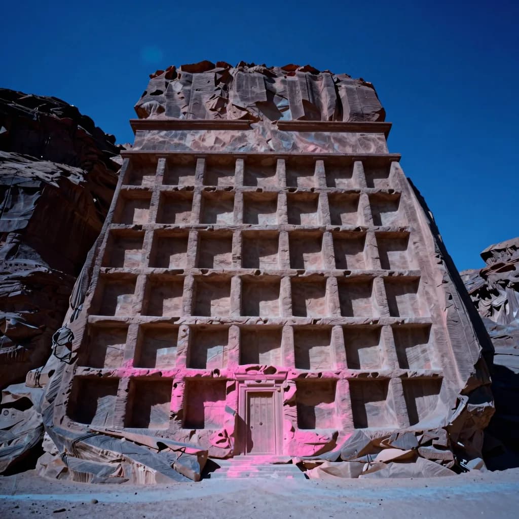 Looking straight up the full height of a single immense carved sandstone structure with a strict repeating grid of modular openings from its base in a sheer desert canyon wall, the form towering into the sky.
