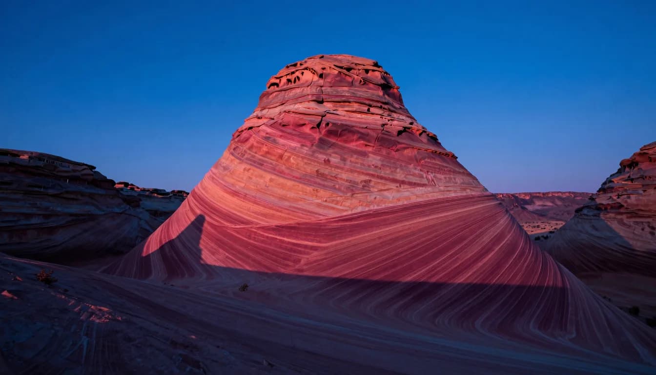 cinematic trail-aspect of dune ridge under electric-blue sky with hot-pink low sun grazing the crest - companion image for the design tokens that survive a rebrand guide