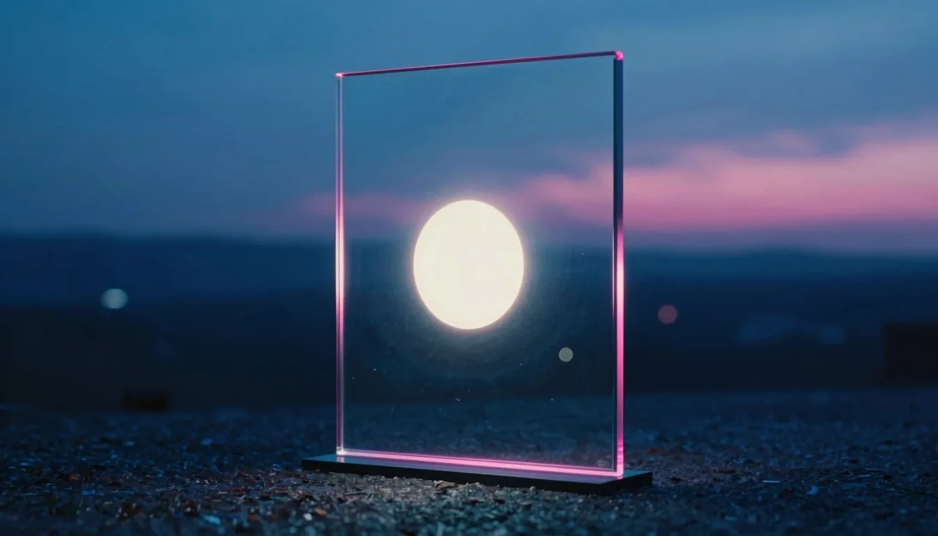 An upright pane of iridescent glass at dusk with pink-lit edges, a single glowing circle of light at its center.