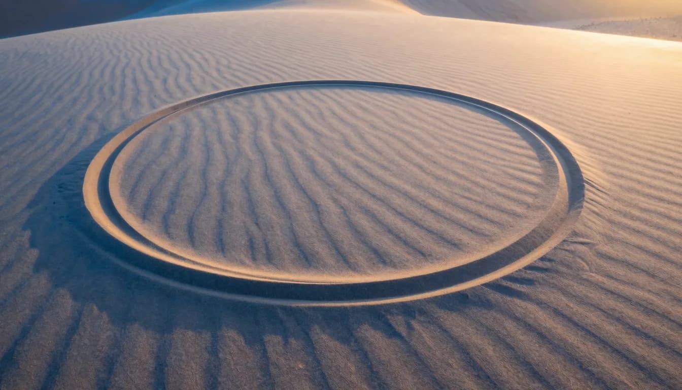 Overhead view of a single concentric ring pattern carved into desert sand at dawn