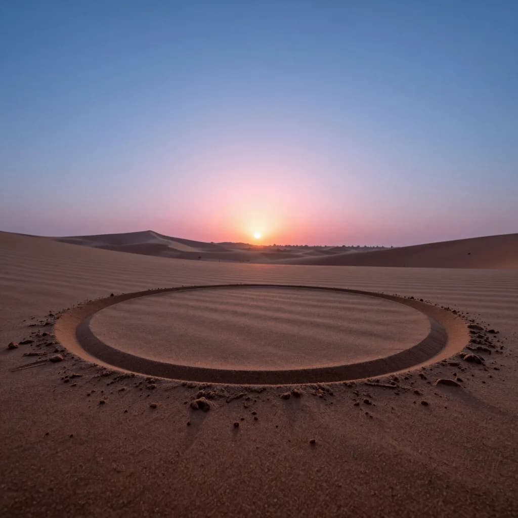 Single shallow concentric sand ring on the desert floor with the sun setting behind it