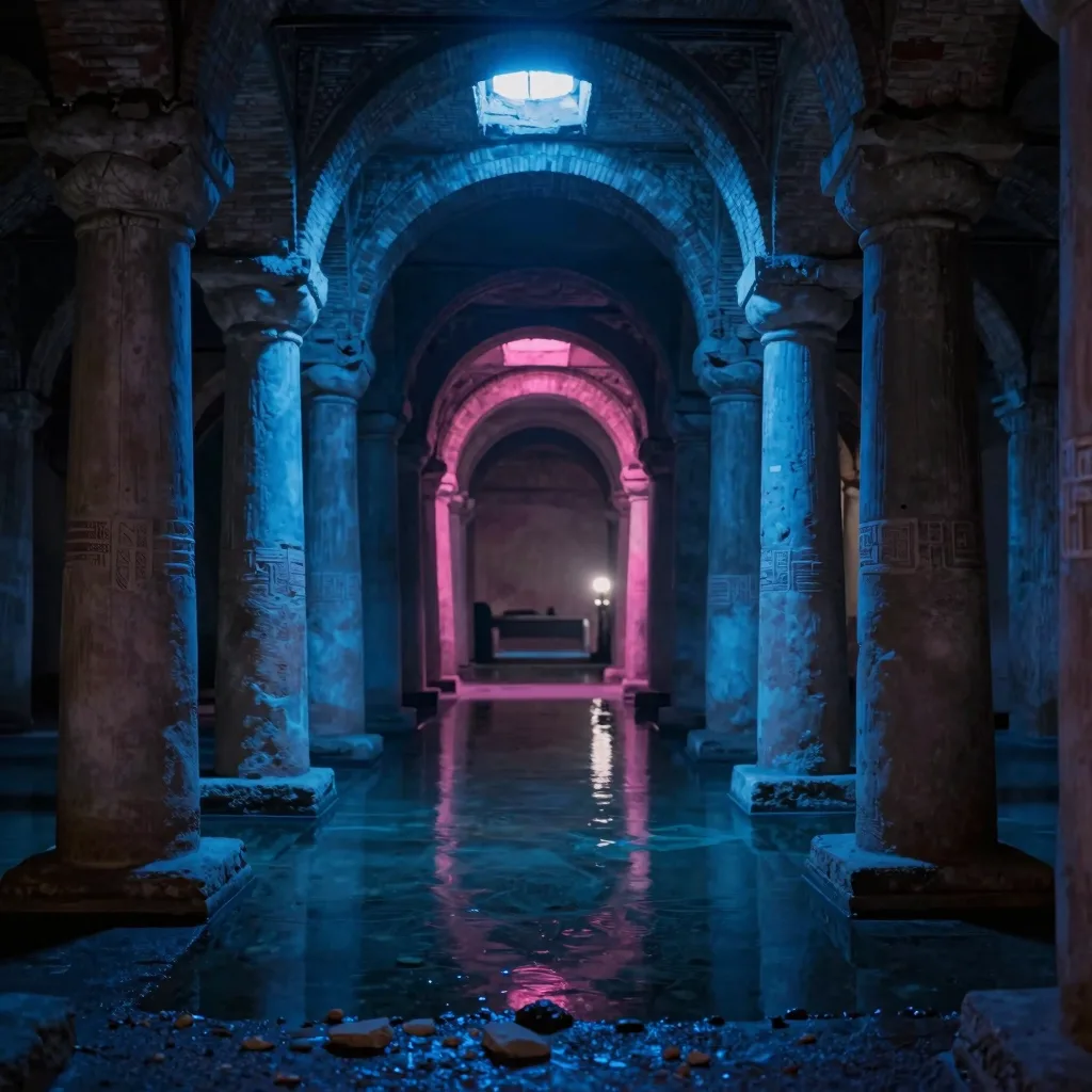 atmospheric wide of cavern arch interior with electric-blue ambient and hot-pink rim accent - companion image for the $1000/month DTC data warehouse guide