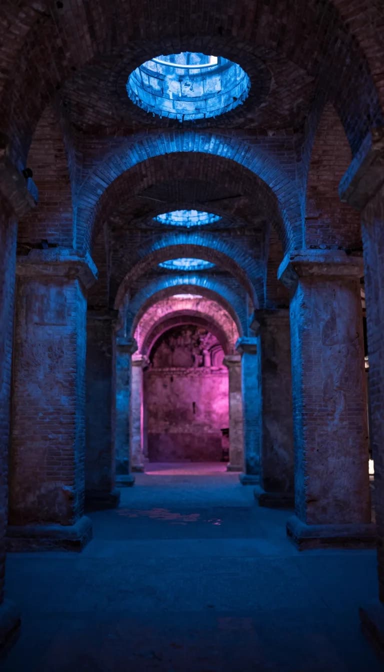 tall vertical of cavern arch interior with electric-blue ambient and hot-pink rim accent - companion image for the $1000/month DTC data warehouse guide