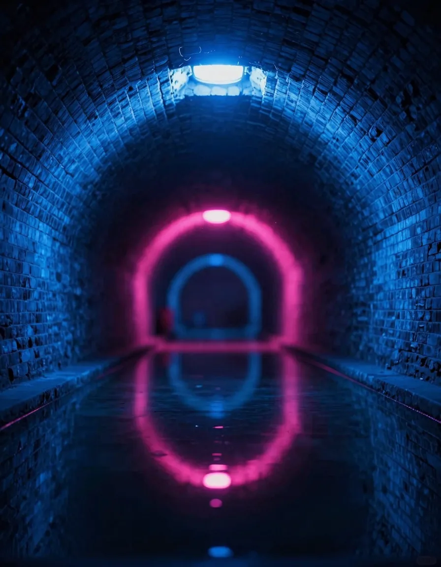 portrait orientation of cavern arch interior with electric-blue ambient and hot-pink rim accent - companion image for the $1000/month DTC data warehouse guide