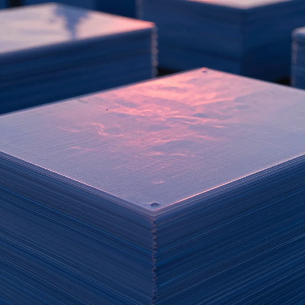 Top-down view of a stack of translucent plastic sheets, light catching the surface of the topmost layer.